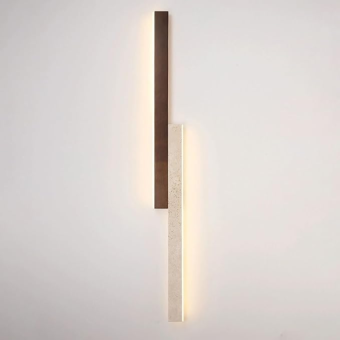23.6 Inch Yellow Travertine Wall Lamp, Wabi-Sabi Art Lighting Fixture Nordic Modern Marble Wall Sconce, Japanese Style Natural Stone Wall Light for Bedside Bedroom Entryway Stairs Foyer