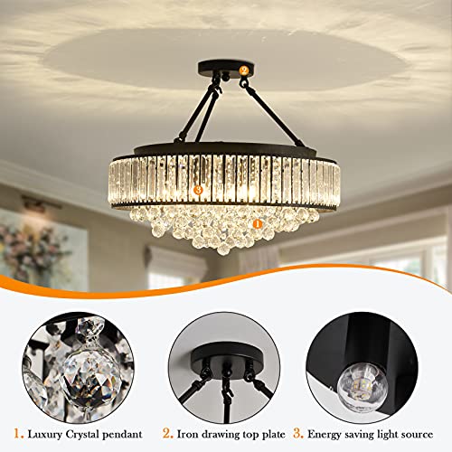 6 Light Modern Large Crystal Chandelier Black Metal E26 Semi Flush Mount Round Light Fixture Ceiling Lamp Farmhouse for Dining Living Room Laundry Foyer Kitchen Balcony Bedroom