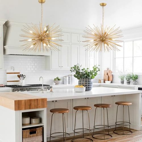 29in 9 Lights Gold Sputnik Chandelier Mid Century Modern Starburst