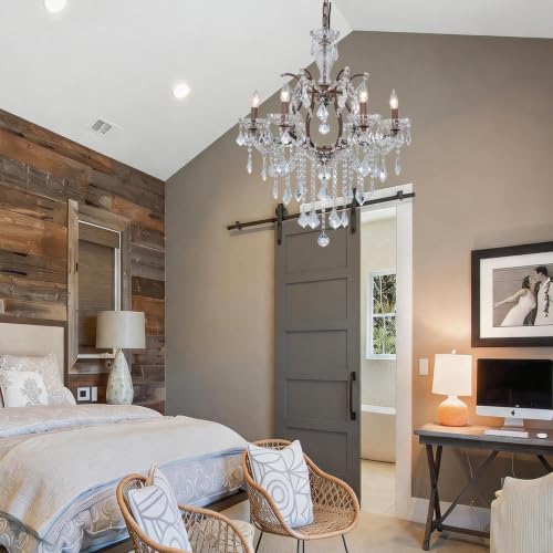 6 Light Vintage Crystal Chandeliers Maria Theresa French Country Farmhouse Chandeliers Light with K9 Crystal Pendants Distressed Brown Iron Frame Pendant Light for Bedroom Foyer Dining Room Rust color