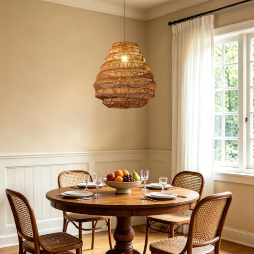 H-20.1" Hand-Woven Rattan Chandelier, Boho Layered Teardrop Pendant Light with Open-Weave Basket Shade, Natural Brown Wicker Pendant Lamp for Kitchen Island, Dining Room, Living Room, Bedroom