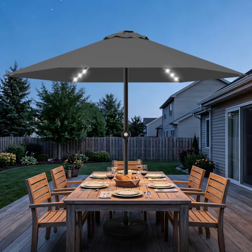 Patio Umbrella 9FT Solar Lights Push Up Outdoor Market Umbrella Grey