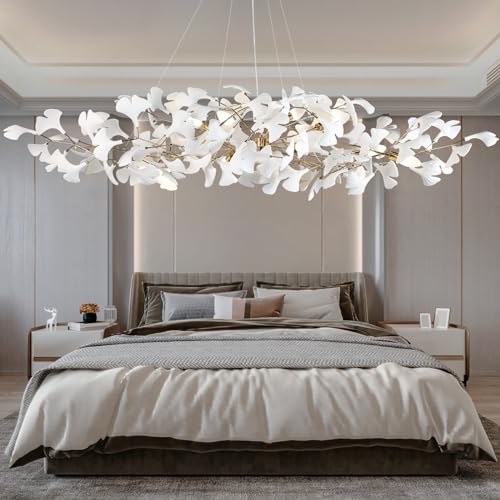 59 Inch Modern Rectangle Chandelier Ceramic Ginkgo Leaf Chandeliers Large Brass Chandeliers White Chandelier for Dining Room Living Room