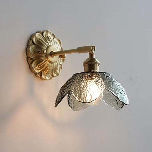Modern Brass Wall Sconce Flower-Shaped Water Pattern Glass Wall Light Fixture Adjustable Bedside Wall Lamp, Japanese Style Wabi Sabi Polished Brass Wall Sconces for Bedroom Living Room