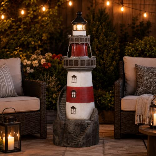House Floor Waterfall Fountain with Solar Powered Rotating Light and Pump for Outdoor Patio Garden Backyard Decking