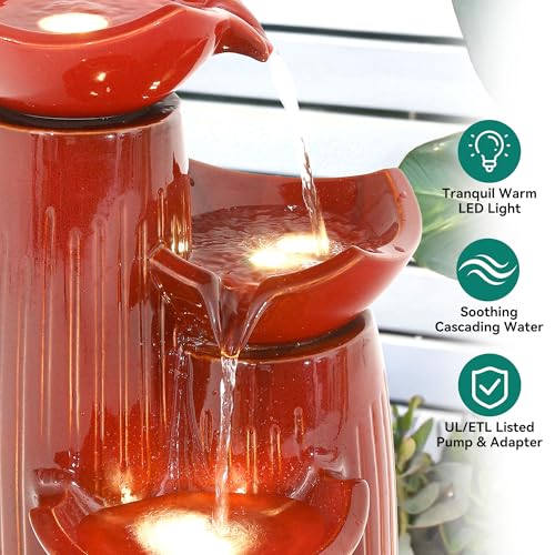 30" Ceramic Outdoor Water Fountain with LED Lights