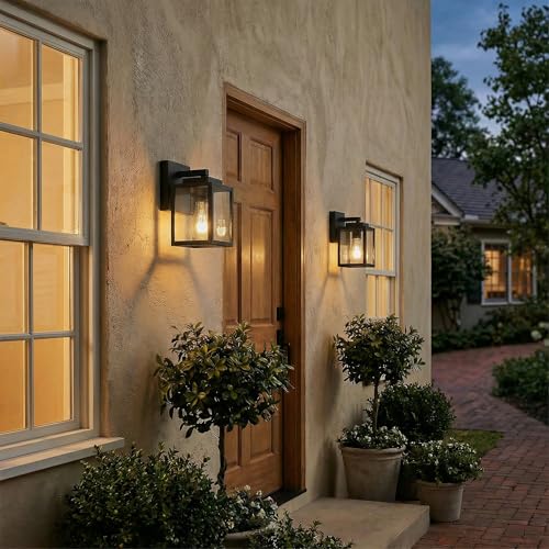 7" Classic Outdoor Wall Sconce 1 Light in Matte Black Rectangular Metal Frame and Clear Glass Shade Waterproof Porch Light Patio Light Pack of 2 (2 Count)