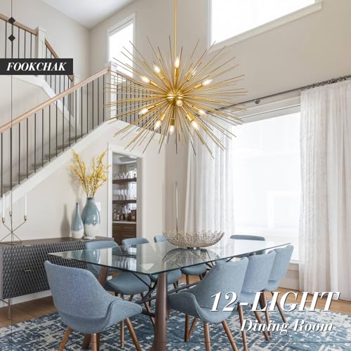35in Gold Sputnik Chandelier 12 Light Starburst Light Fixture Solid Metal