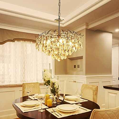 Saint Mossi Modern K9 Crystal Chandeliers, Middle Century Modern Design Chandelier Light Fixture for Dining Room, D20 x H17, Adjustable Chains 59", Chrome Finish Metal Frame