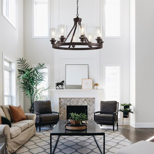 8 Light Farmhose Chandelier for Dining Room Light Fixture Oil Rubbed Bronze Kitchen Pendant Light Round Rustic Ceiling Hanging Lighting with Glass Globes Adjustable Height Metal E26