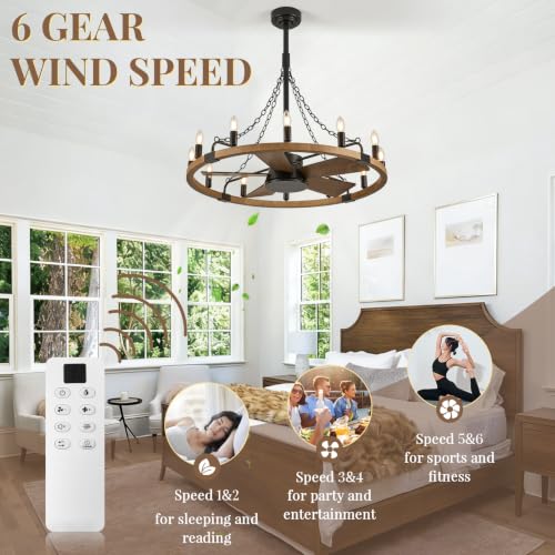 Farmhouse Wagon Wheel Chandelier with Fan 35" Rustic Wood Ceiling Fan Light