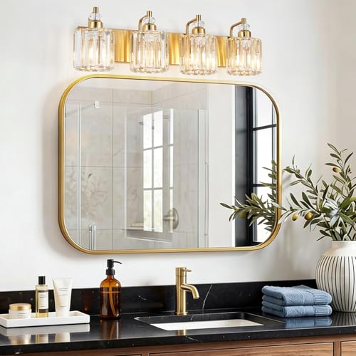4 Light Modern Vanity Lights Brushed Brass Bathroom Light Fixtures Over Mirror Gold Bathroom Vanity Lighting with Crystal Shade E26 Base Wall Sconce for Bedroom Living Room Restroom Wall Lamp
