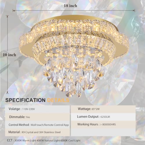 18" Gold Crystal Flush Mount Chandelier Modern LED Ceiling Light Fixture