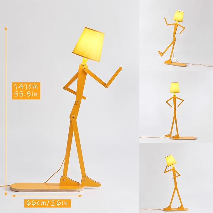 Cool Mini Wood Floor Lamp for Living Room Bedroom Bedside - Office Corner Decorative Reading Standing Light Creative Swing Arm Arc Design Gift for Kids Room - LED Bulb Included (Egg Yellow)