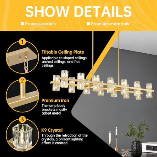 28 Light L46" Rectangle Gold Crystal Dining Room Chandelier Over Table