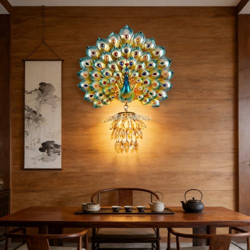 Modern Large Wall Sconce Crystal Glass Wall Mouunt Light Blue Resin Peacock Decorative Light E26 15.7" Wall Light Fixture for Bedroom Living Room Dining Room Hallway