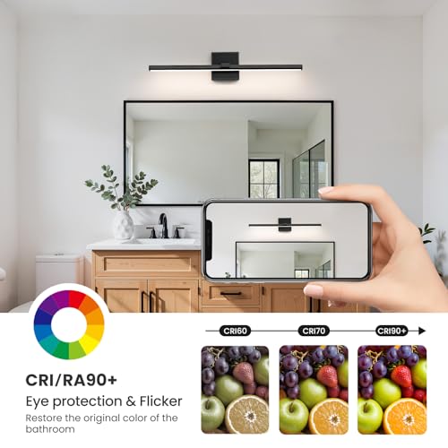 Black Bathroom Vanity Light 24 Inch Modern Bathroom Light Fixtures Over Mirror 18W Dimmable 5CCT LED Vanity Light Bar for Bathroom Mirror Cabinets Bedroom