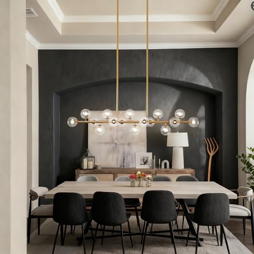 Gold Globe Chandelier Linear Rectangle Modern Chandelier Glass Pendant Light Fixture Adjustable for Dining Living Room Kitchen Island 55"