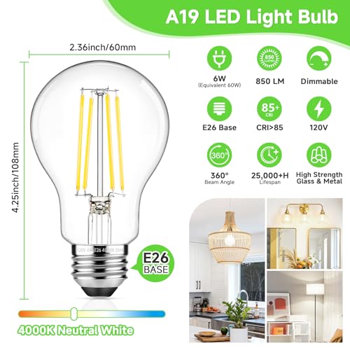 A19 Vintage LED Edison Bulbs Dimmable 60W Equivalent High Brightness (4 Count)