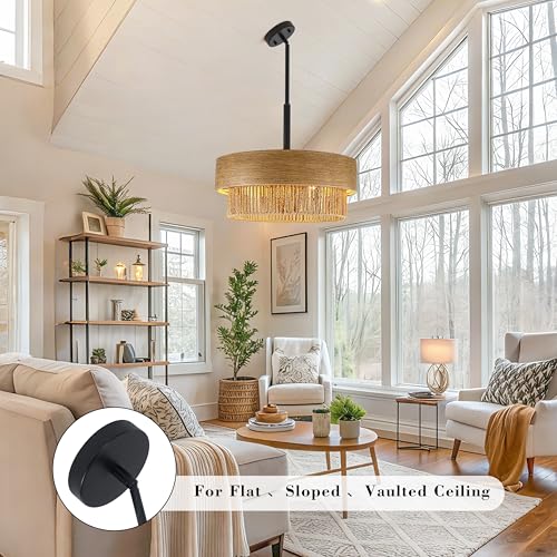 19.6" Large Wood Texture Drum Chandelier for Dining Room with Woven Rattan
