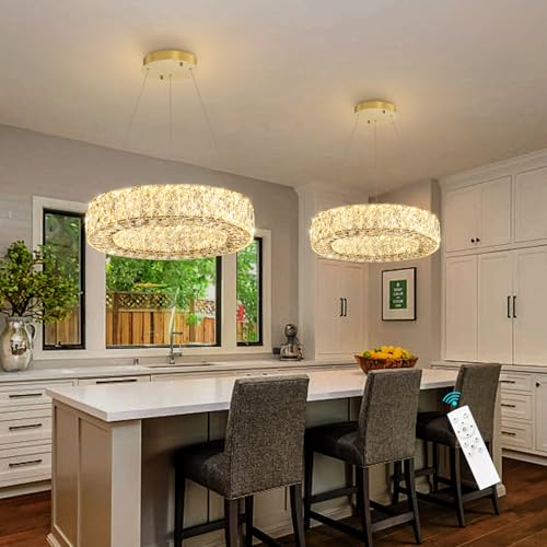 16 Inch Chandelier Glam Dimmable LED Crystal Chandeliers Luxury Round Pendant Lighting Fixtures for Dining Room Bedrooms Gold