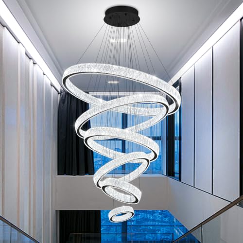 Extra Large 6 Ring Crystal Chandelier Modern LED Long Crystal Chandelier for High Ceiling Height Adjustable Black D8+15.7"+23.6"+31.5"+39.4"+47.5" Dimmable 2700K