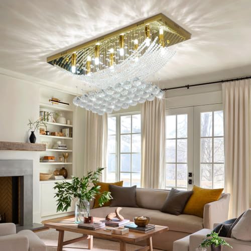 Modern Chandelier Crystal Chandelier Flush Mount Chandelier Gold Rectangle Crystal Raindrop Chandelier 8 Lights Ceiling Light Fixture Pendant Lamp for Kitchen Island Dining Room Closet Wedding Decor