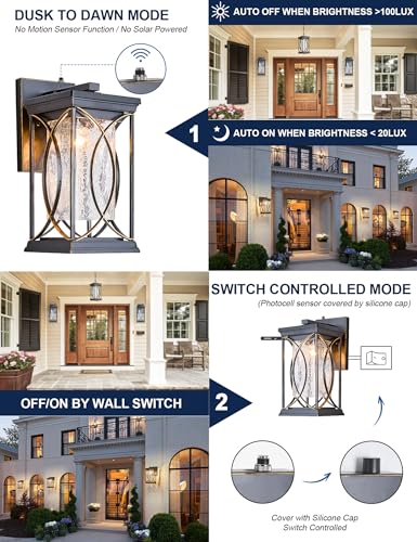 Dusk to Dawn Outdoor Wall Light Black with Gold Trim Modern Exterior Sconce Aluminum Waterproof Coach Light Fixture with Crack