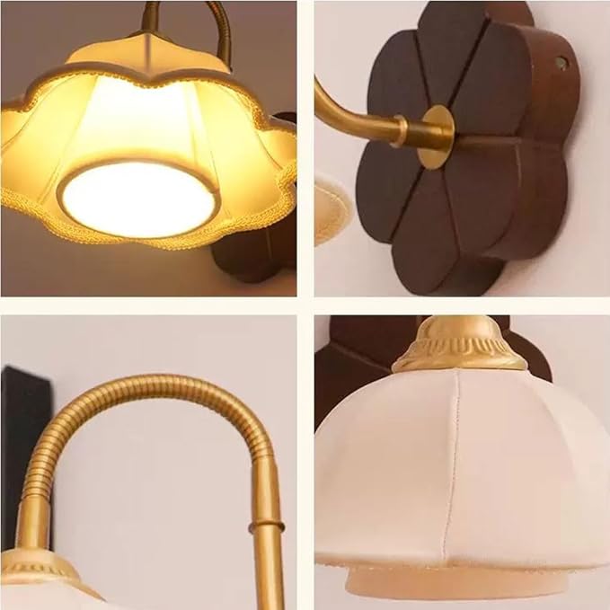 French Art Wall Light Fixture Nordic Walnut Wood Wall Sconce with White Double Layer Fabric Shade, Wabi Sabi Japanese Style Home Deco Lighting Fixture Gold Retro Indoor Hardwired Sconces