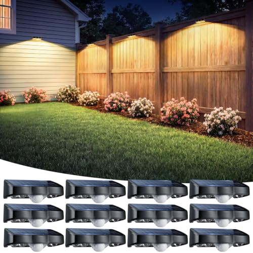 Solar Fence Lights Outdoor with Motion Sensor 12 Pack Warm White Fence Lights Solar Powered 3 Modes IP65 Waterproof Dusk to Dawn Outdoor Lights for Patio Deck Wall Backyard Garden Decorative (12 Count)