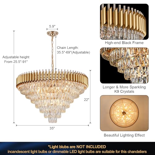35" Large Foyer Chandeliers Modern Gold Crystal Chandeliers for Staircase