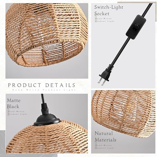 Plug in Mini Hemp Rope Woven Pendant Light Woven Light Fixture Boho Chandelier Wicker Pendant Lights Rattan Plug in Cord Hanging Lights Dome Wicker Chandelier for Bedroom