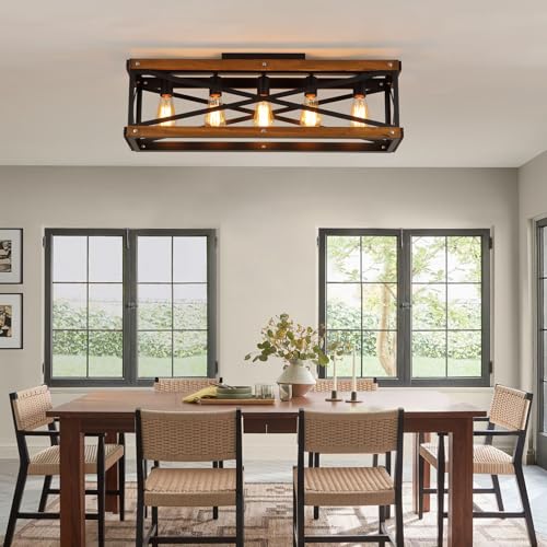 5 Light Large Rustic Farmhouse Wood Flush Mount Ceiling Light Fixture 31.5 inch Oak Wood and Metal Rectangular Track Semi Flush Mount Ceiling Light for Kitchen Living Room Bedroom Indoor