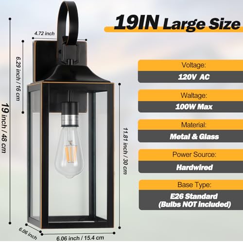 19" Large Outdoor Wall Lights Black with Gold Trim 2 Pack (2 Count)