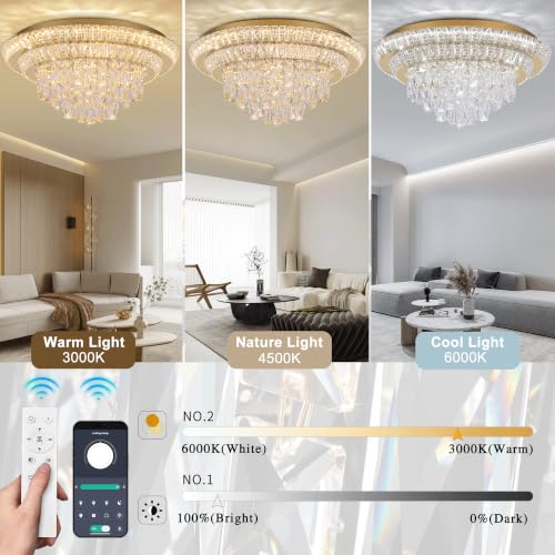 24" Gold Crystal Flush Mount Chandelier Modern LED Ceiling Light Fixture