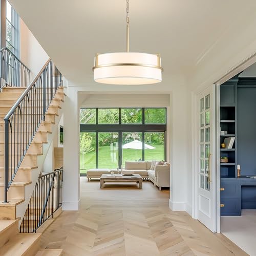 19.7" Modern Drum Pendant Light Gold Chandeliers with White Linen Shade