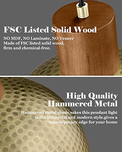2 Pack Hammered Pendant Lights 12” Vintage Metal & Wood Dome Hanging Lamp Antique Gold Industrial Kitchen Pendant Light Fixtures for Island (2 Count)
