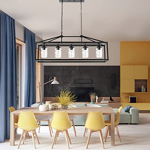 Black Farmhouse Chandeliers Rectangle 5 Light Modern Kitchen Island Pendant Light with Clear Water Glass Industrial Linear Dining Room Lighting Fixture Hanging Flush Mount Ceiling Lights