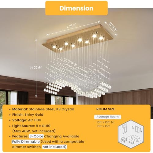 Rectangular Gold Crystal Chandelier for Dining Room