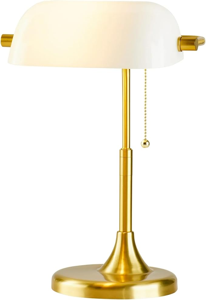 Vintage Bankers Desk Lamp with White Glass Shade, Classic Table Lamp with Pull Chain Switch, Retro Bedside Reading Light for Home Office or Study Room, Gold Metal Base