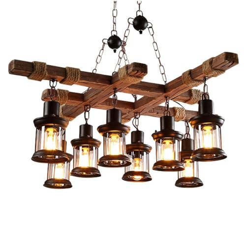 8 Lights Industrial Retro Wooden Chandelier Pendant Light Island Hanging Ceiling Fixture Vintage Farmhouse Wood Light Adjustable Chain for Home Cafe Bar Restaurant