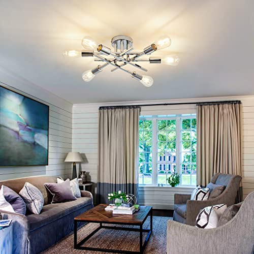 6 Lights Semi Flush Mount Ceiling Light Fixture Modern Chrome Matte Sputnik Chandelier Farmhouse Ceiling Lighting for Kitchen Bedroom Dining Room Living Room