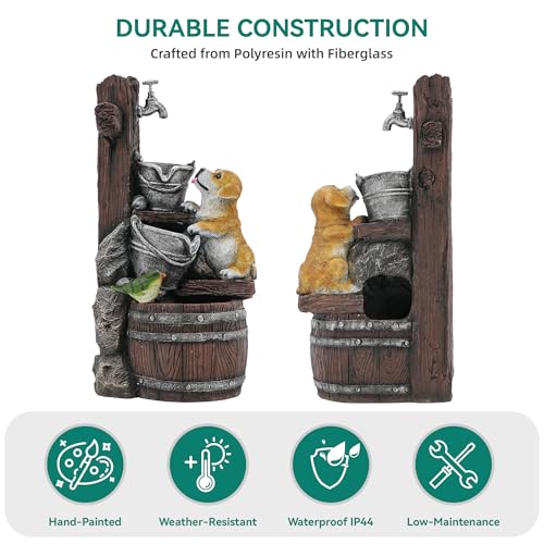 3 Tier Outdoor Fountain with Puppy & Green Bird and LED Lights