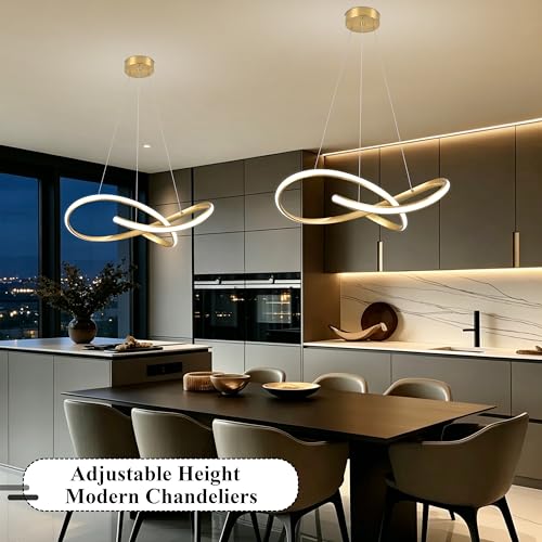 30" Gold Modern LED Chandelier Large Irregular Ring Pendant Lighting Adjustable Hanging Light Fixture Modern Dimmable Remote Control Pendant Lights for Living Room Dining Room Entryway