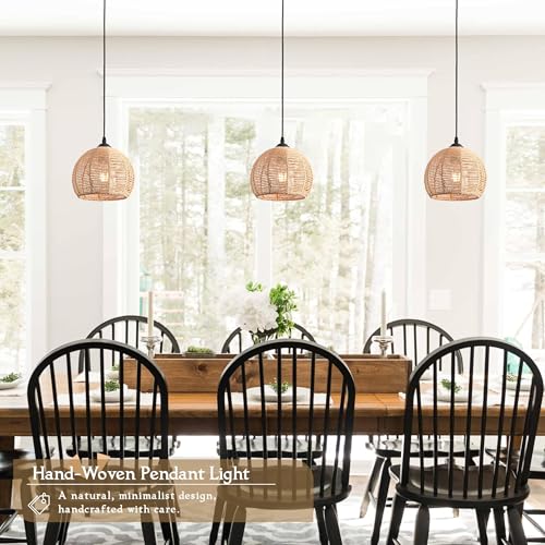 3 Pack Wicker Pendant Light Natural Woven Pendant Light Boho Chandelier Light Fixture Dome Rustic Farmhouse Pendant Lights Rattan Light Fixture for Dining Room Kitchen Island (3 Count)