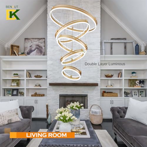 5 Rings Modern LED Chandelier Gold Dimmable Large High Ceiling Chandeliers Foyer