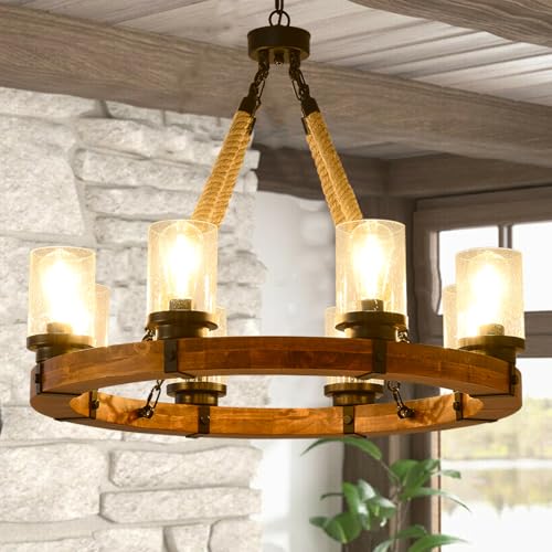 Rustic 8 Light Wagon Wheel Chandelier Wagon Wheel Dining Room Light Fixture with Seeded Glass Shade Suitable for Farmhouse Chandeliers in Living Room Kitchen and Entryway (8 Count)