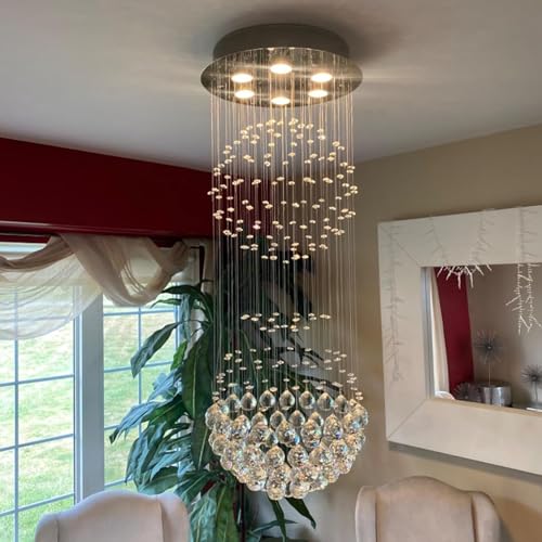 Crystal Modern Chandelier Contemporary 2 Balls Raindrop Crystal Chandelier Flush Mount Cylinder Chandelier Light Fixture Ceiling Lamp for Dining Room Living Room Kitchen Foyer Hallyway Bar