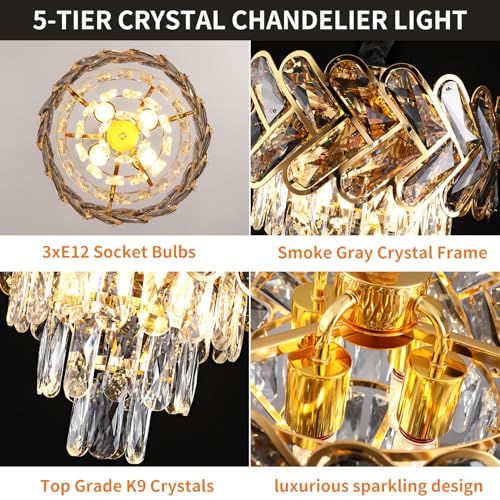 12" Gold Modern Crystal Chandelier Top K9 Round Crystals Chandeliers Adjustable Ceiling Light Fixture 3