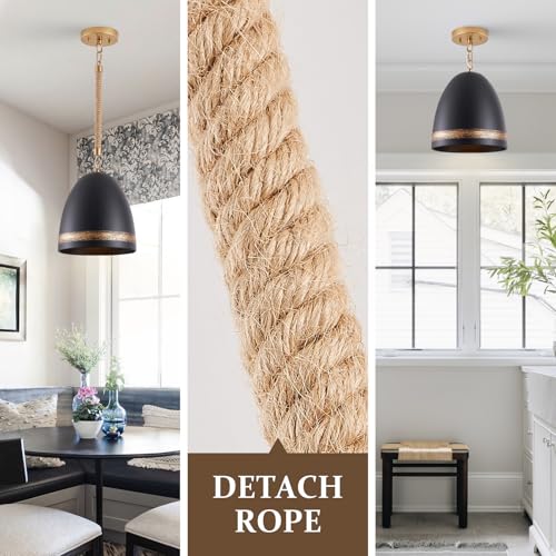 Farmhouse Pendant Light Black 10in Hemp Rope Boho Kitchen Island Lighting French Country Ceiling Pendant Light for Kitchen Sink Dining Room Entry Hallway
